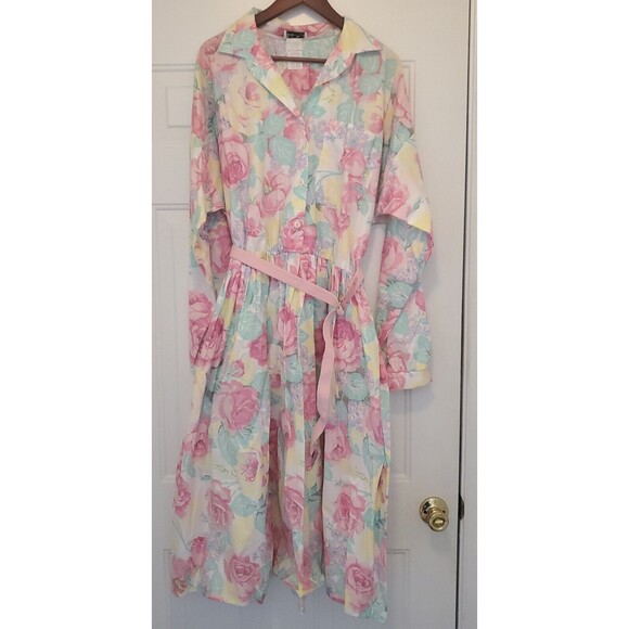 FLOWER Dresses & Skirts - Vtg 1980s Ellen Hart Original Pink Pastel Floral Shirt Dress W/ Belt Flower 22 T